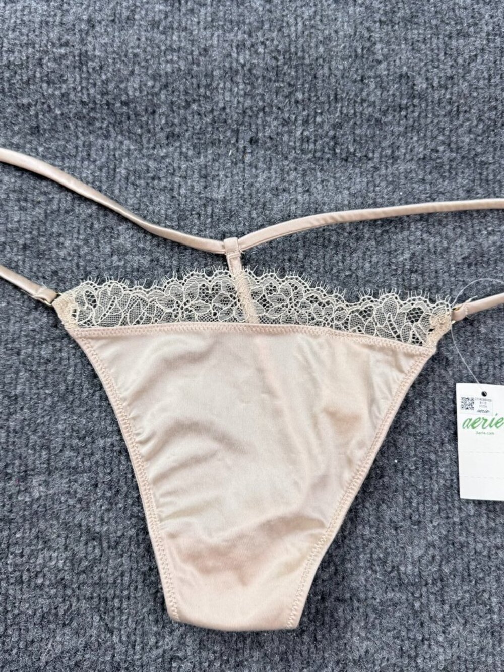Aerie Lace Trim Thong Panty Tan Nude Eyelash Lace Shiny Size Large L